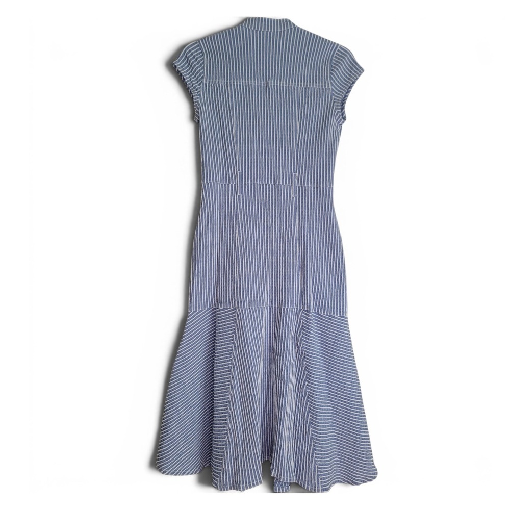 WHBM Vertical Stripe Blue White Seersucker Drop Waist Midi Dress Size 0 Pocket - Picture 3 of 8
